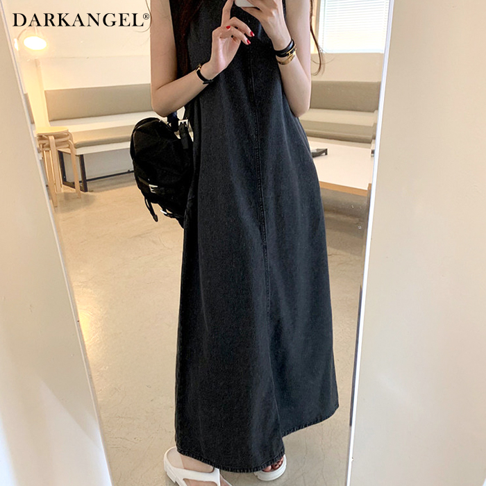 デニム ロング ワンピース ノースリーブ Uネック カジュアル Dark Angel ワンピース デニムワンピース ノースリーブ ロング丈