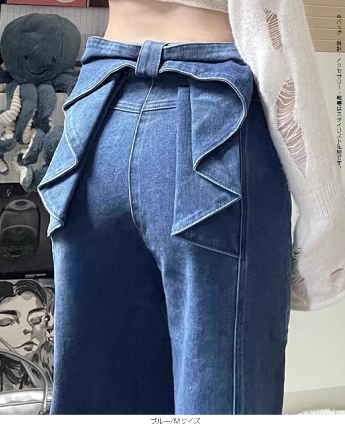 リボン付きダークブルーデニムフレアパンツ セール】.works ストレッチデニム脇リボン結び デニムフレア