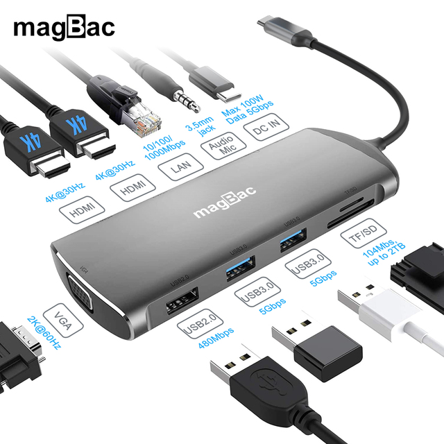 Magbac-USB cドッキングステーション、macbook、lenovo、dell、asusラップトップ、トリプルディスプレイ、タイプcドック、2｜newold-goods｜02