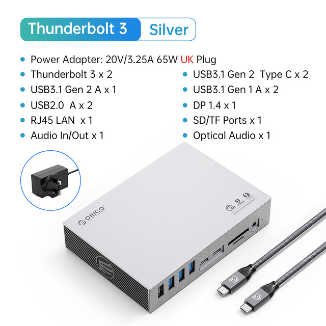 Orico-Thunderbolt 3 USB cドッキングステーション,3つのレベル,タイプc?8k60hz dp,40gbps,rj45,3.5m｜newold-goods｜07