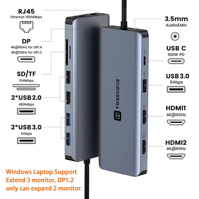 TOBENONE-USB cドッキングステーション、トリプルディスプレイハブ、ラップトップドック、dell、hp、lenovo、2 hdmi dp、ギ｜newold-goods｜03