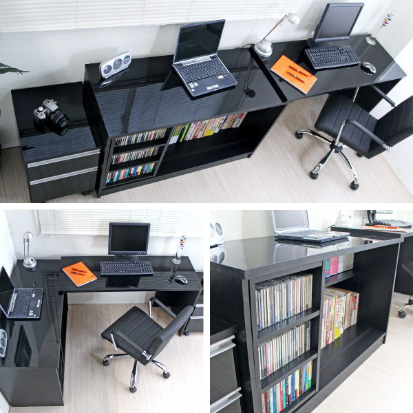 パターン パソコンデスク 最大210cm 鏡面仕上 日本製 机+スライド書棚+