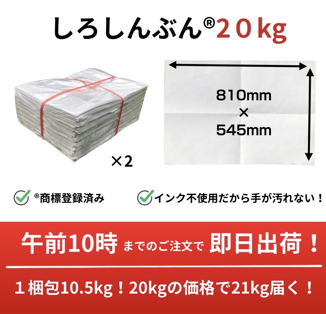 白新聞紙 20kg 1,120枚 業務用 810×545mm 10kgあたり2,370円 インクで