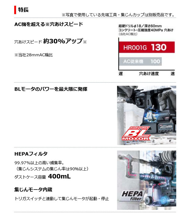 NEWマキタ HR001GZKV 充電式ハンマドリル(青)28mm 40Vmax 本体・集じんシステム・ケース付 (電池・充電器・ビット別売) 電動工具 