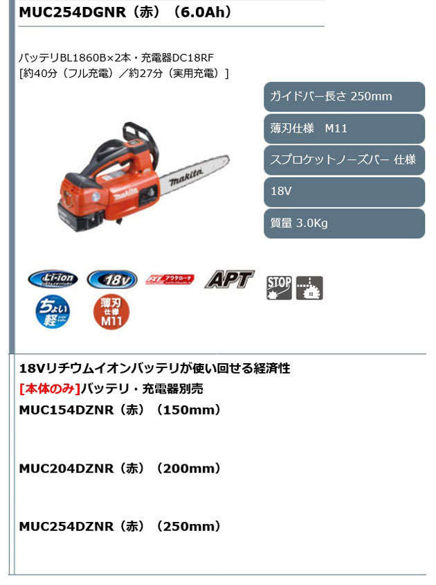 マキタ MUC154DZNR 充電式チェンソー薄刃スプロケットノーズバー仕様