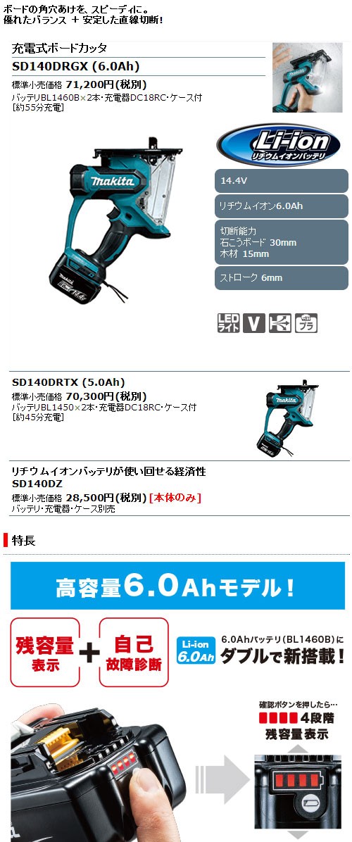 使い勝手の良い マキタ 充電式ボードカッター SD140DRGX 14.4V 6.0Ah