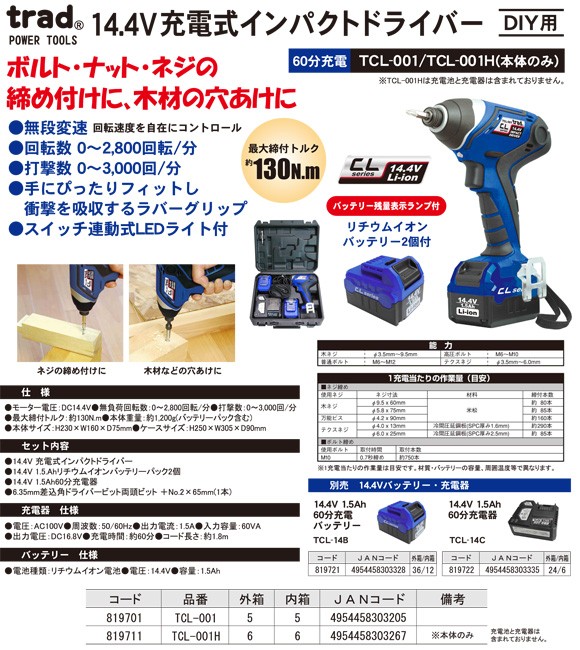 TRAD 充電式インパクトドライバー TCL-001（14.4Vバッテリ2個・充電器
