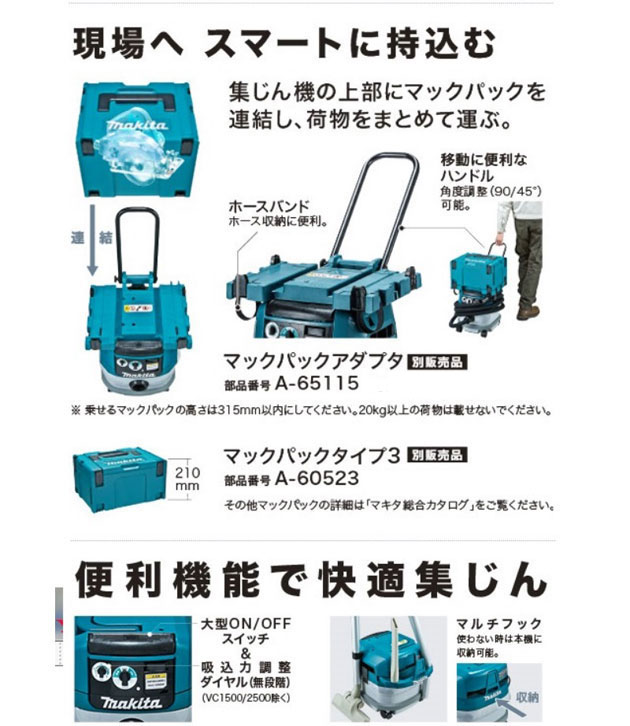 マキタ VC0830 集じん機 8L 粉じん専用 (連動コンセント付) : vc0830