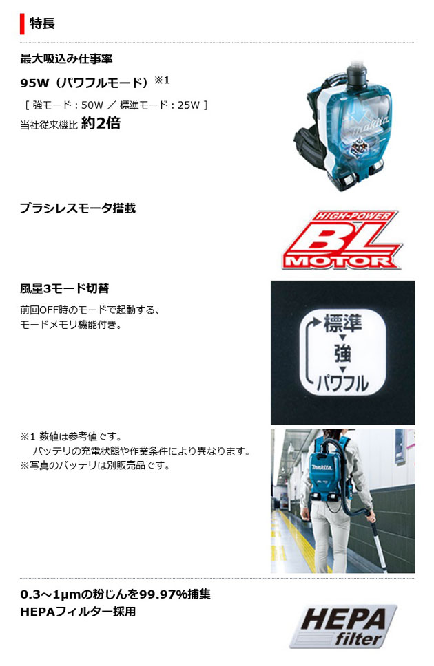 マキタ VC261DZ 充電式背負クリーナー 2L 乾式専用 36V(18V+18V) 本体のみ（バッテリ・充電器別売）