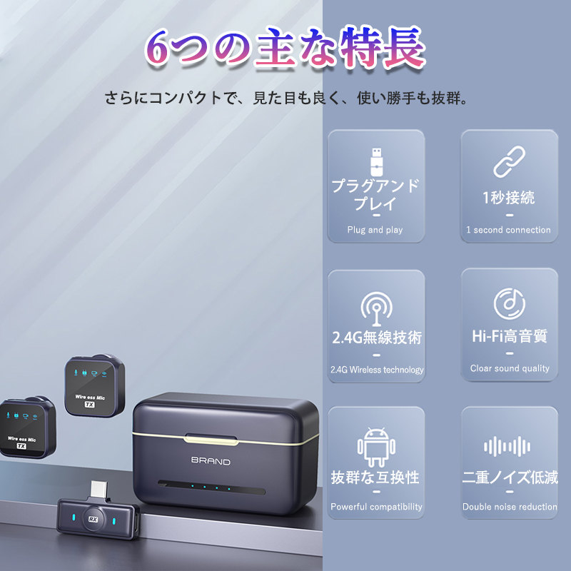 ワイヤレスマイク ピンマイク Type-C 充電ケース付 無線マイク 設定