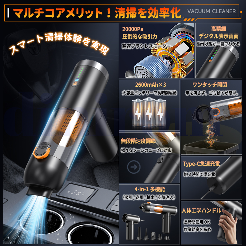 ハンディクリーナー 車載掃除機 残量表示 20000pa 強力 ハンディ 掃除