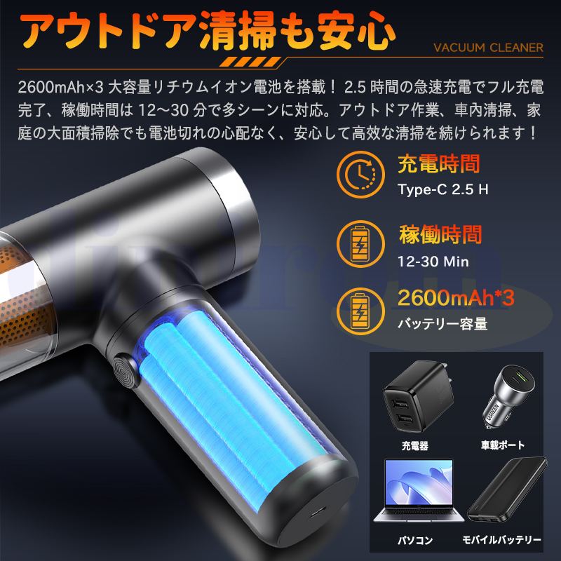 ハンディクリーナー 車載掃除機 残量表示 20000pa 強力 ハンディ 掃除