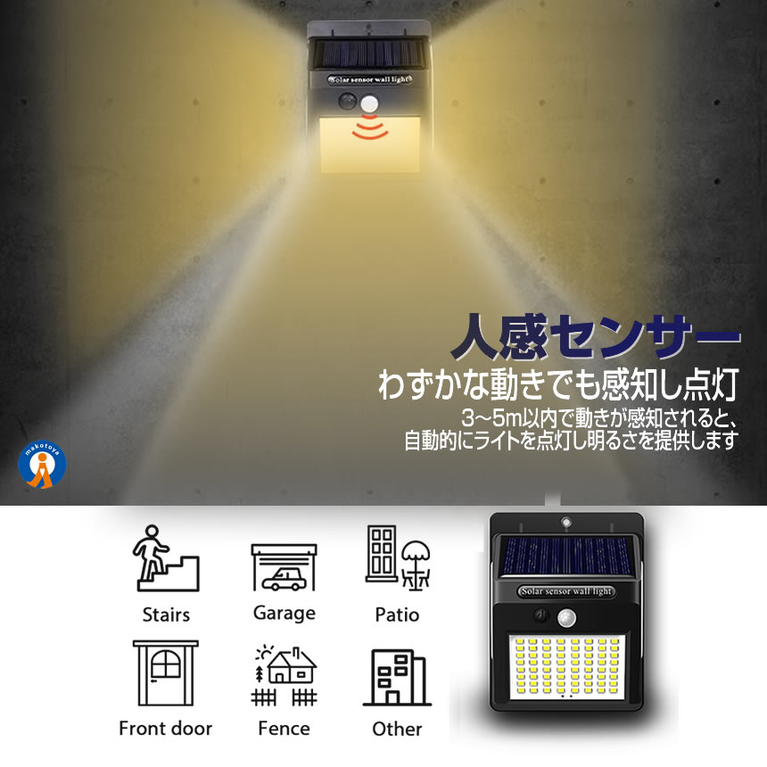ソーラーライト 2個セット 屋外 人感 センサーライト 暖色 140LED 明るい 3面発光 充電 自動点灯 取付簡単 耐水 耐熱 耐凍 高輝度 省エネ DANSEN |  | 04