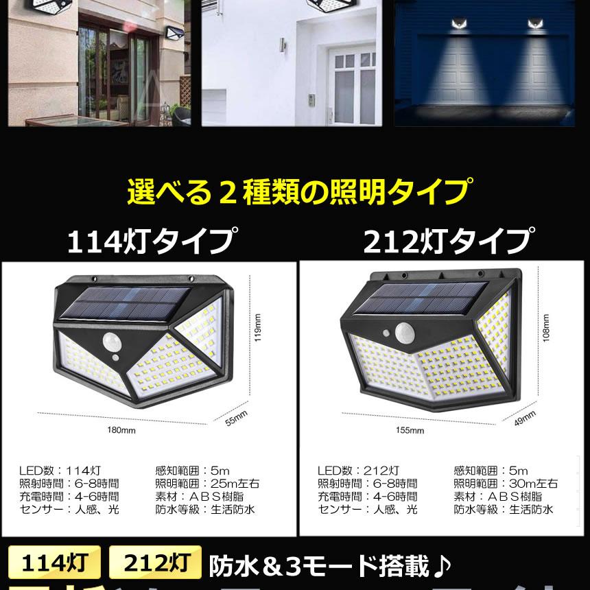 LEDソーラーライト 212LEDタイプ センサー 屋外 LED ソーラー 人感 太陽光 防雨 防水 爆光 広範囲 防犯 センサー 玄関 お庭 夜間 CUARAITT-212 |  | 05