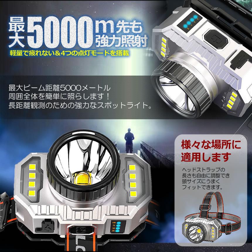 5個セット ヘッドライト LED 爆光 充電式 5000m 4つの点灯モード 強力照射 DIY サイズ調節 USB 残量ランプ 高輝度 作業灯 車 夜間 明るい 3HEADLTS |  | 02