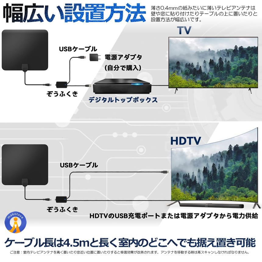 室内アンテナ 貼る テレビアンテナ 360度 全方位受信 350KM 受信範囲