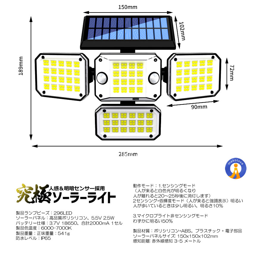 ソーラーセンサーライト 296LED 4面発光 3500ルーメン