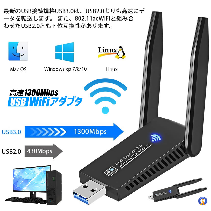 SoftBank 無線LANルーター 5台セット ACアダプター付き WiFi 無線LAN 子機 USB3.0 WIFIアダプター 1300Mbps 5dBi 2.4Ghz/5Ghz