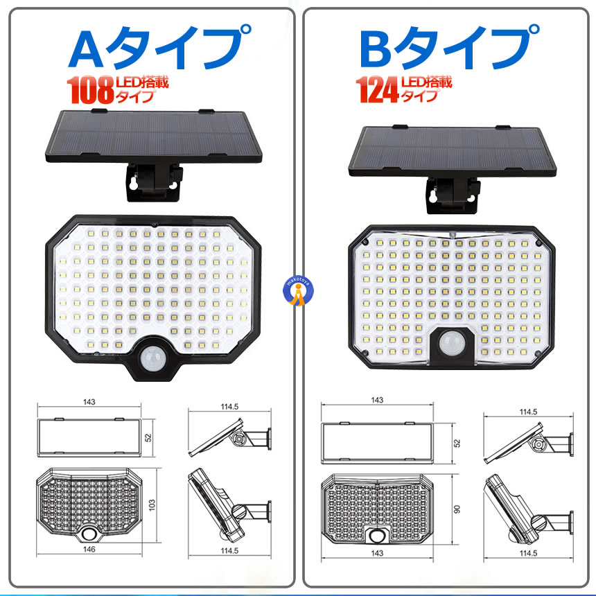 2個セット 分離式 ソーラーライト 108LED 124LED センサーライト 超高