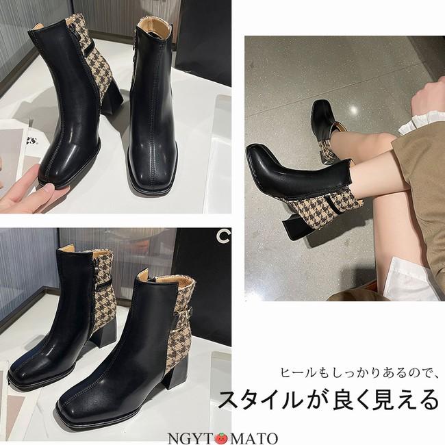 ショートブーツ レディース PU ブーティ 無地 美脚 おしゃれ 25.0cm ファスナー スクエアトゥ コーンヒール ローヒール 歩きやすい ベルト飾り|ngytomato|06