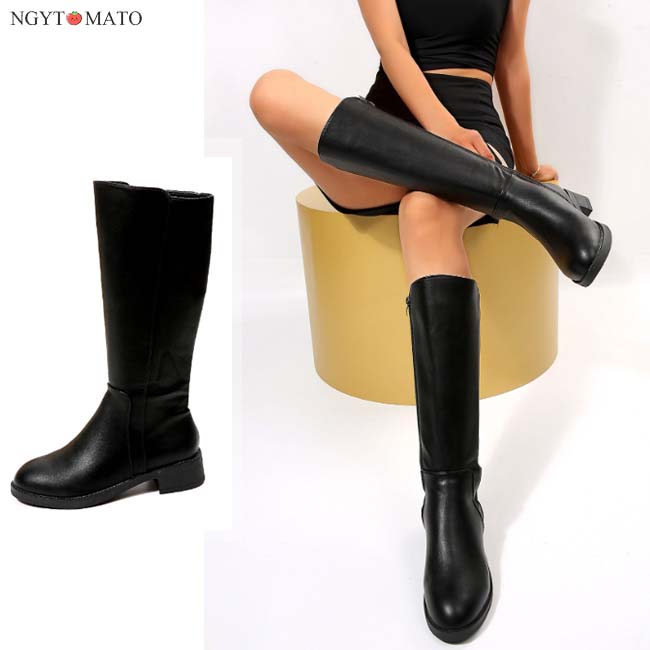 ロングブーツ レディース ラウンドトゥ 太めヒール サイドジッパー PU