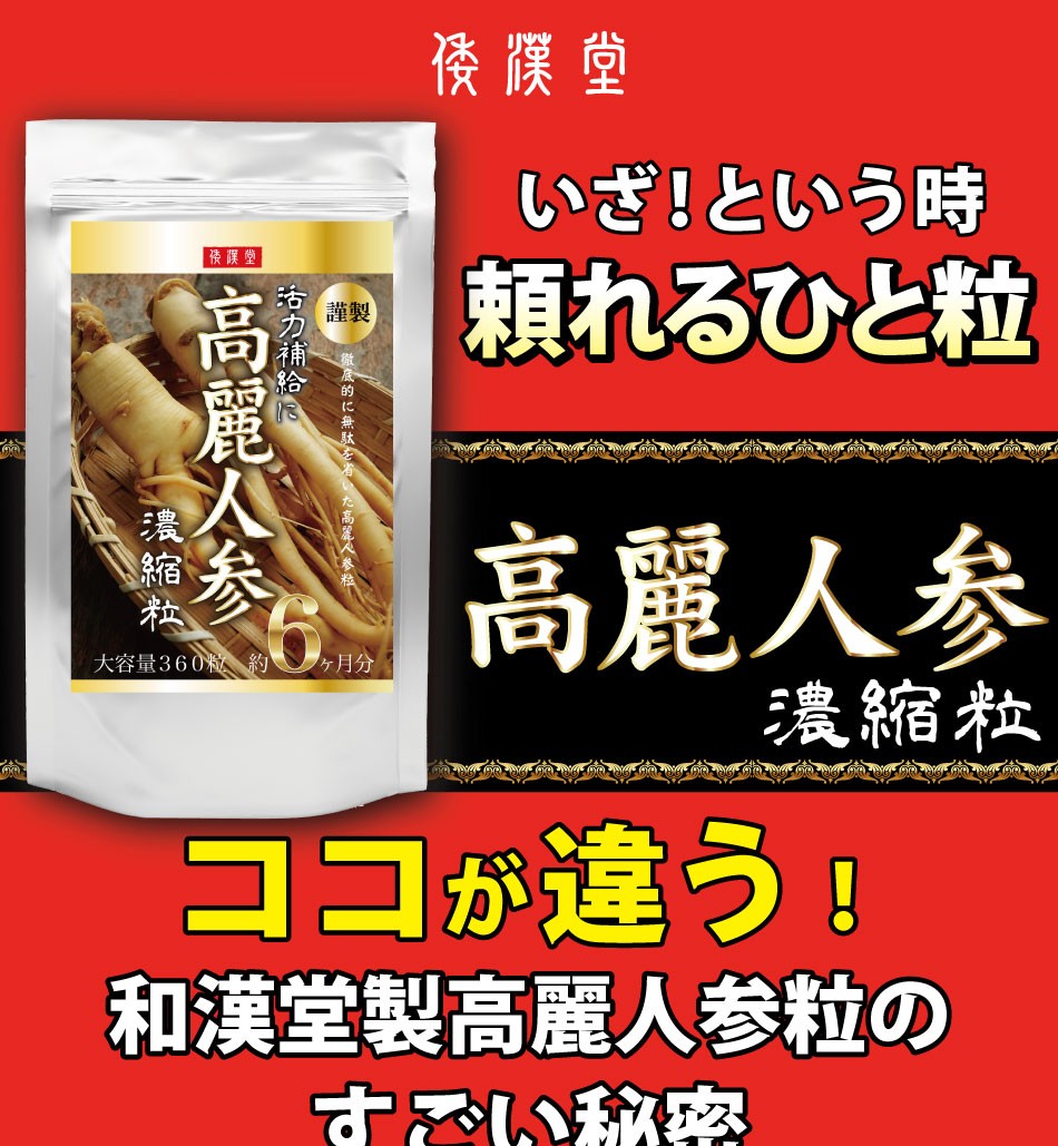 倭漢堂 高麗人参濃縮粒 大容量 約6ヶ月分/360粒 朝鮮人参 高麗人参