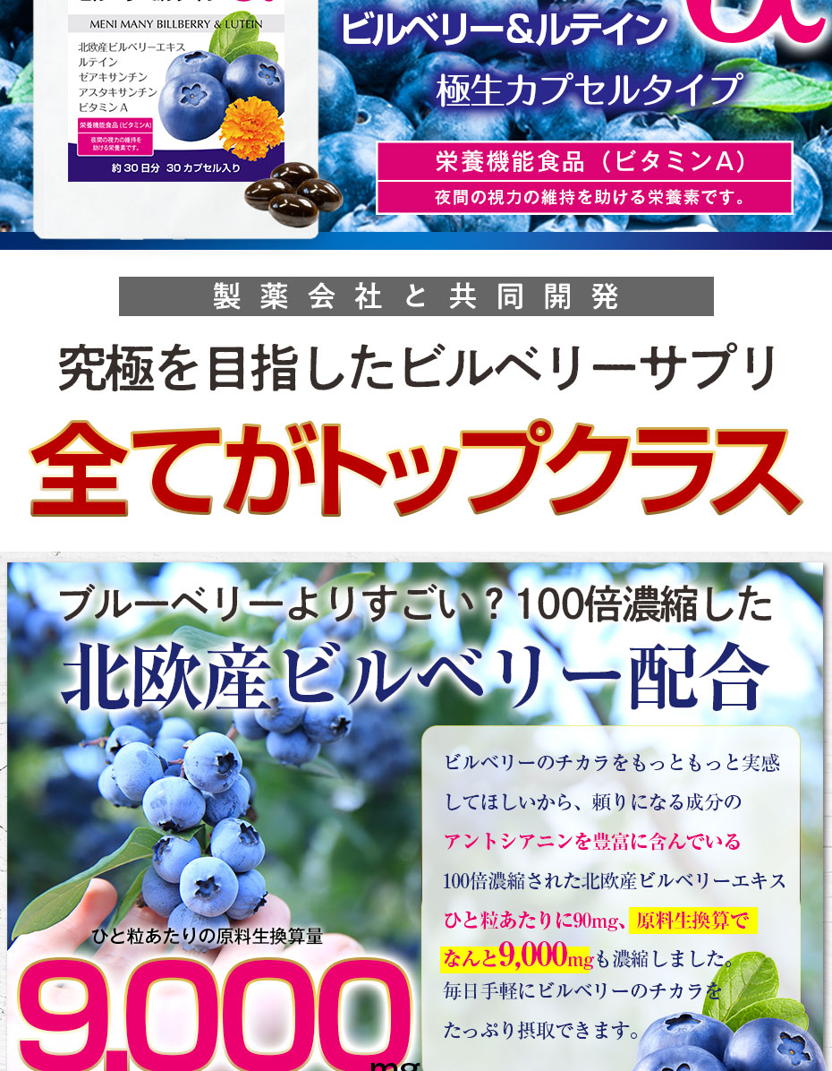 ビルベリー ブルーベリー サプリ ルテイン 大容量 約３ヶ月分 ゼアキサンチン 北欧産 ビルベリー 9000mg ビタミンA アスタキサンチン  サプリメント ネコポス