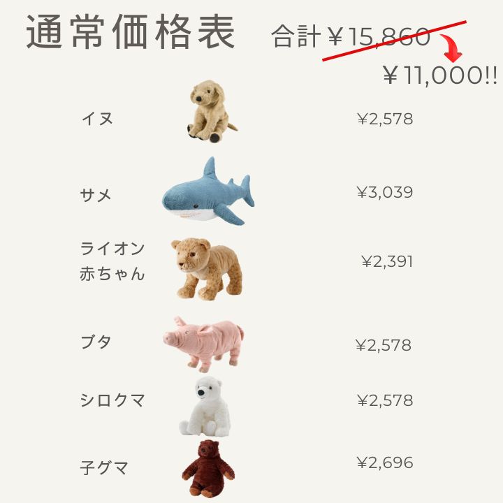 IKEA❁動物ぬいぐるみ6体セット イケア（IKEA） 福袋 限定販売 ぬいぐるみ 詰め合わせ ミディアム