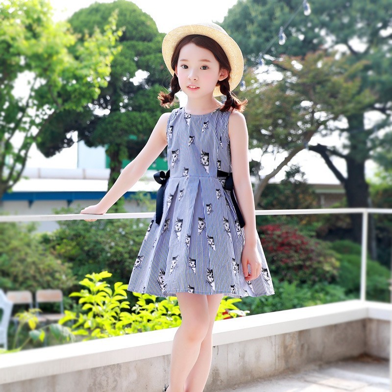 送料無料 ワンピース ノースリーブ Seal限定商品 ラウンドネック ストライプ ねこ柄 サイドリボン フレアスカート キッズ かわいい 子供 夏 ふんわり おしゃれ
