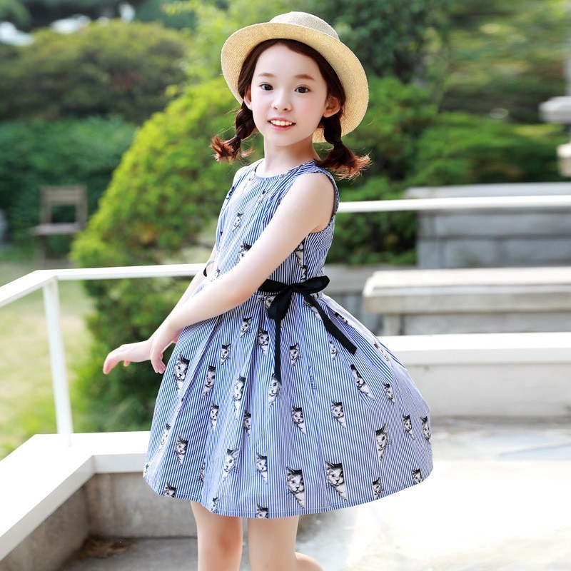 最安値挑戦 送料無料 ワンピース ノースリーブ ラウンドネック ストライプ ねこ柄 サイドリボン フレアスカート おしゃれ 夏 キッズ かわいい 子供 ふんわり