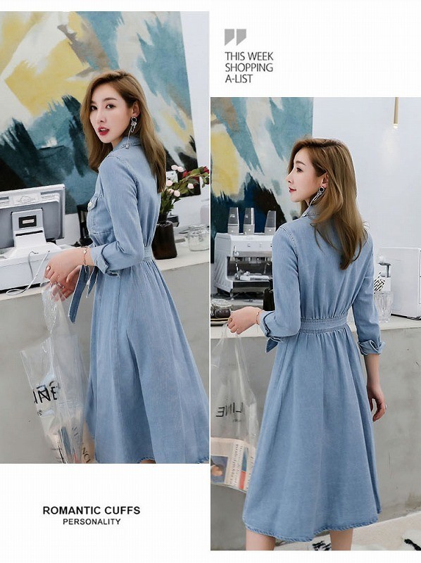 送料無料 デニムワンピース ロングワンピ ミモレ丈 ライトブルー かわいい ベルト付き 長袖 春服 ロングコート 羽 デニムコート スプリングコート 春夏新作