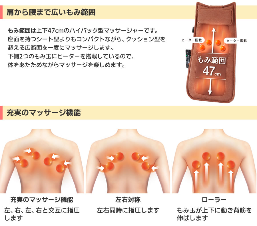 肩から腰まで広い揉み範囲