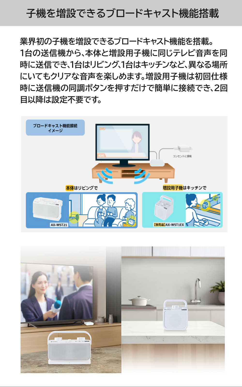 テレビ用ワイヤレススピーカーAX-WST21は子機を増設できる