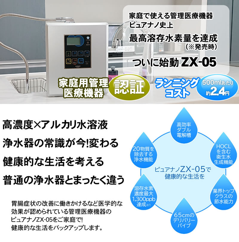 ＜日本製＞ 還元水と次亜塩素酸水生成器（強酸性水タイプ）水素水生成器 アルカリイオン整水器 ピュアナノZX-05 併売