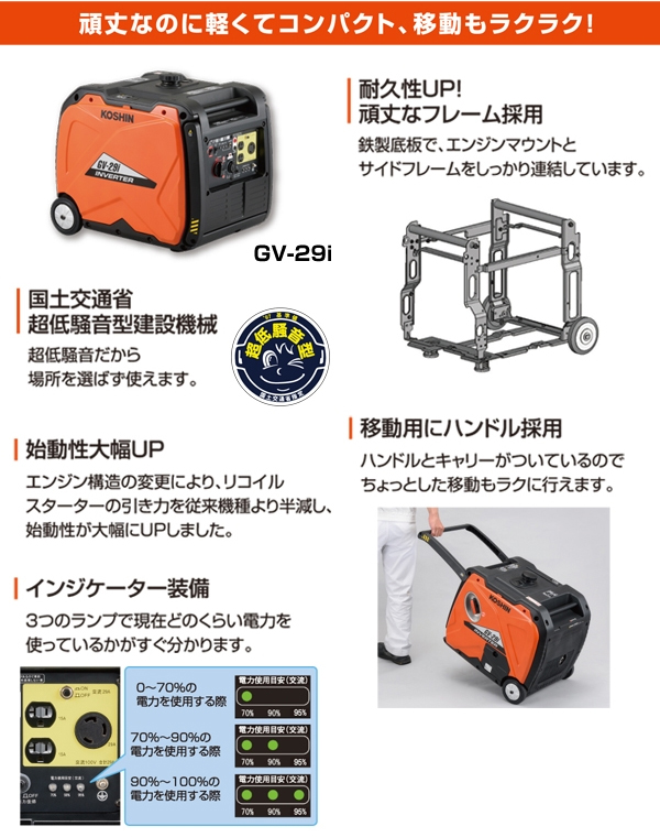 工進 発電機 インバーター発電機 GV-29i KOSHIN 0658634 非常用電源 コーシン GV29i 防災 非常用電源 ガソリン発電機 ガソリン 電源 ホイール タイヤ 車輪 |  | 07