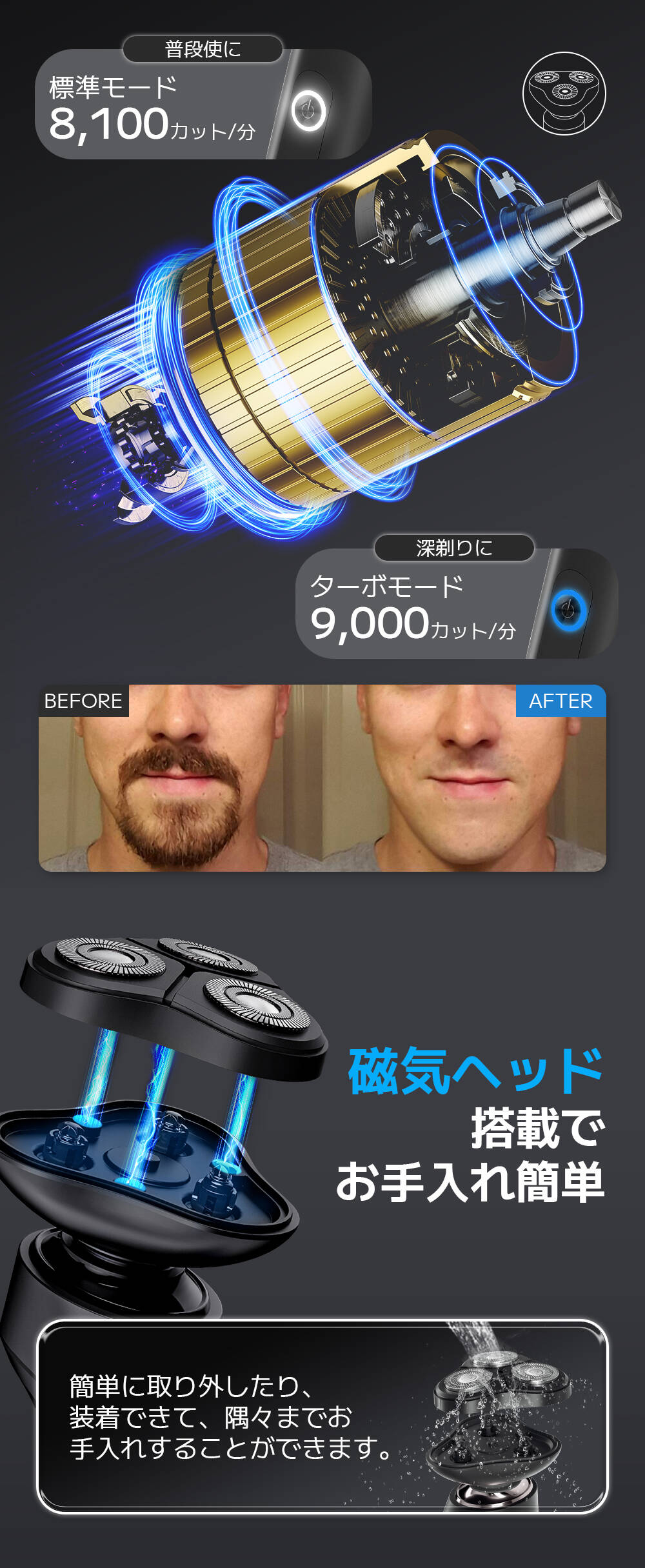 Sarlisi メンズ電動シェーバー SA-MS20BK 4個セット Sarlisi メンズシェーバー 電気シェーバー 3枚刃 磁気ヘッド 髭