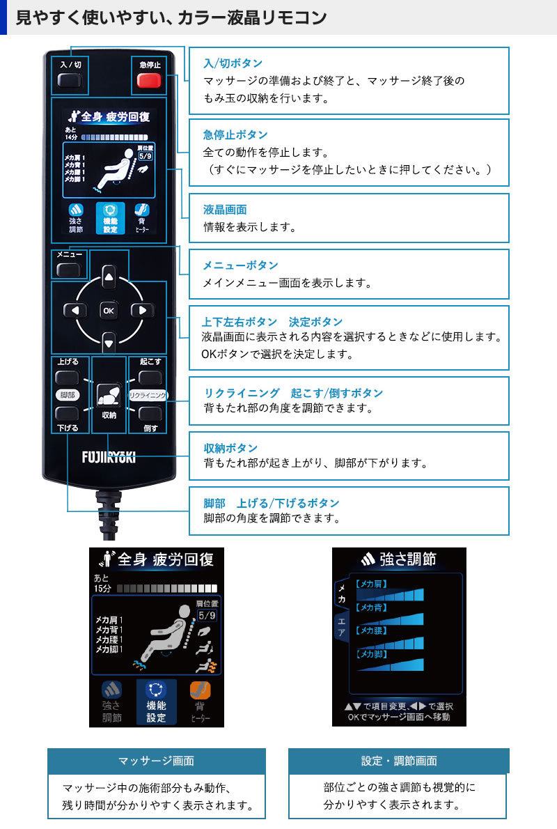 マッサージチェアAS-880は見やすく使いやすい、カラー液晶リモコン