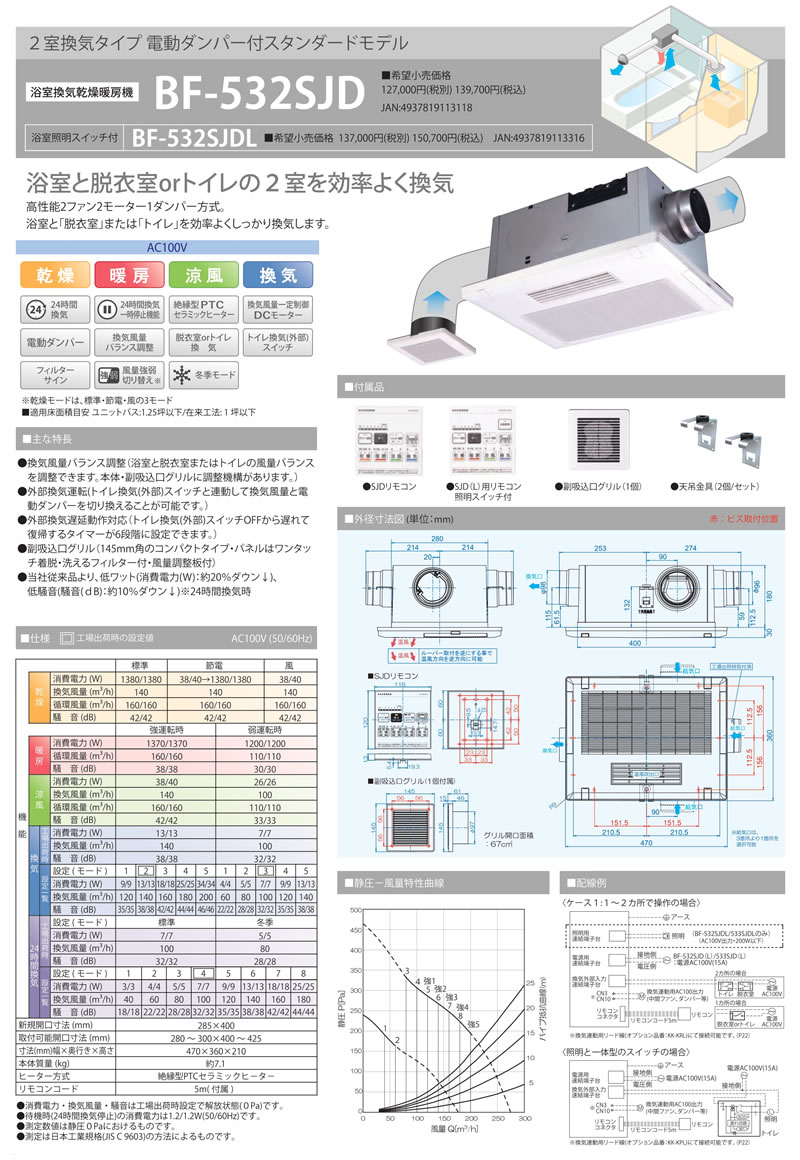 高須産業 浴室換気乾燥暖房機 BF-532SJD(2室換気タイプ) 浴室暖房機 BF-532SHDの後継機種｜nickangensuisosui｜12