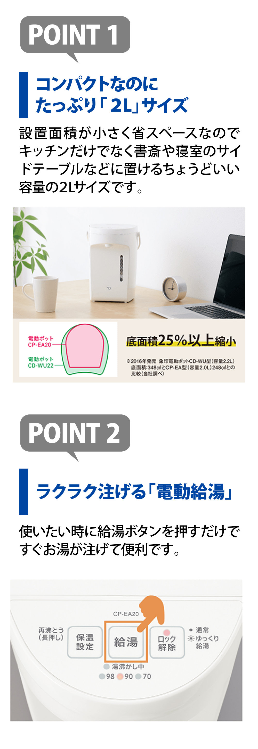 象印マイコン沸とう 電動ポットCP-EA20はコンパクトなのにたっぷり2Lサイズ