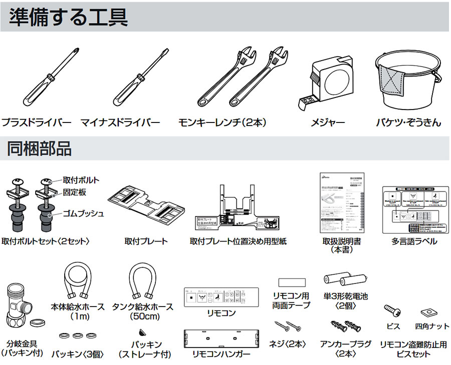 設置に準備するもの、同梱部品