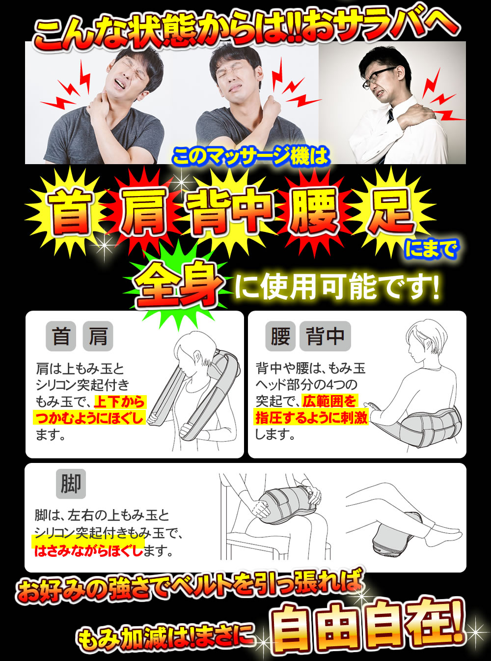首 肩こり マッサージ器 肩もみ マッサージ器 首用 ネックマッサージ機だけではなく、マッサージ器 腰 ふくらはぎ 足用にも使用可能。マッサージ機の大手メーカー フジ医療器 ネックマッサージャー MRL-M1は肩首背中腰足など全身をマッサージ