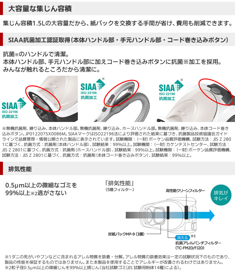 SIAA抗菌加工認証取得（本体ハンドル部・手元ハンドル部・回転ブラシ樹脂部・コード巻き込みボタン）