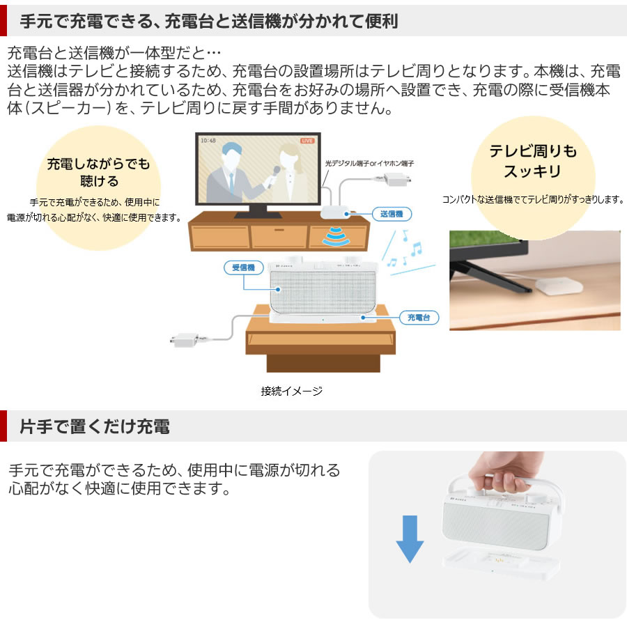 手元で充電できる、充電台と送信機が分かれて便利