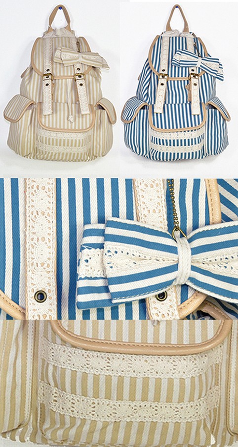 A646送料無料レースリボンのストライプスリーポケットリュック リボン