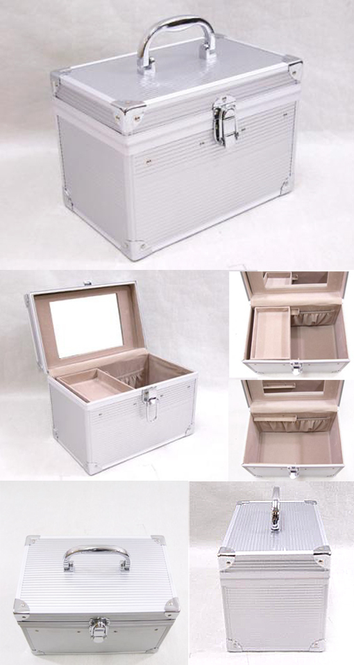 JA153 レギュラーサイズ アルミメークボックスシルバー鏡 ポケット 中