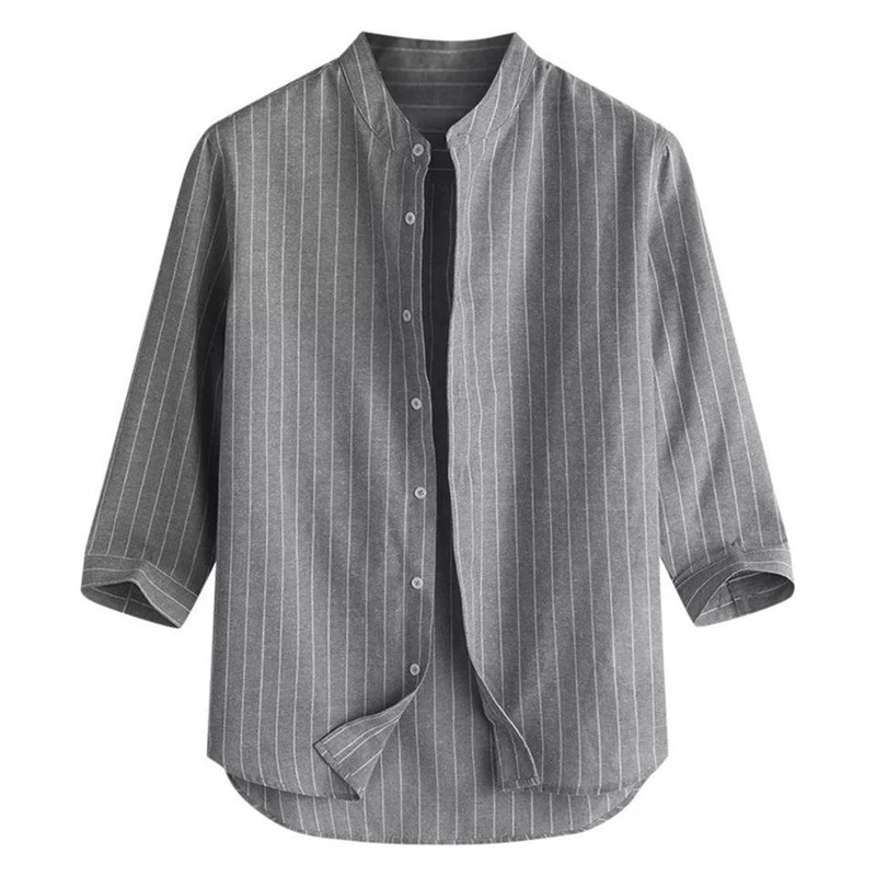 2点ご購入で15％OFF！七分袖シャツ メンズ カジュアルシャツ ストライプ 立ち襟 シャツ シンプル 無地 ビジネス 開襟シャツ リネン 綿麻  おしゃれ 通勤 通学 夏 :88agu22nqfxcy06:小林屋ストア 通販 