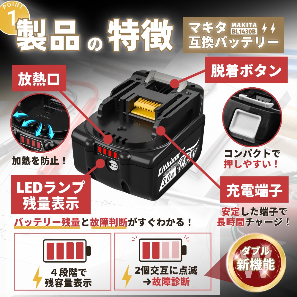 マキタ makita 互換 バッテリー BL1430B 14.4V 3.0Ah ハイパワー 電動工具 工具 BL1420 BL1420B BL1430 BL1450 BL1450B BL1460 BL1460B 対応 (BL1430B/4個) | マキタ | 05