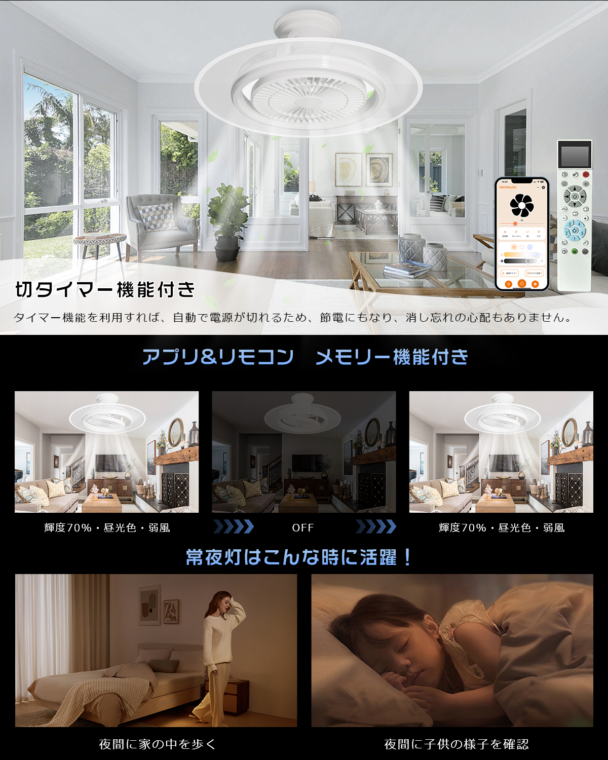 Alexa対応・自動回転】 導光板付きサーキュレーター シーリングファン