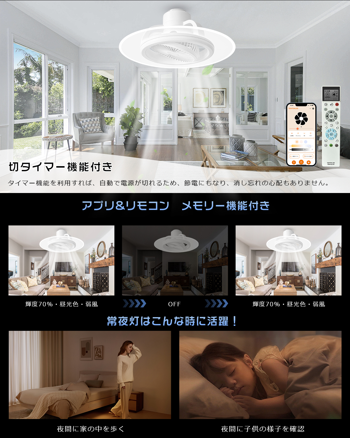 360°自動回転】導光板付き シーリングファンライト LED 首振り 8畳 調