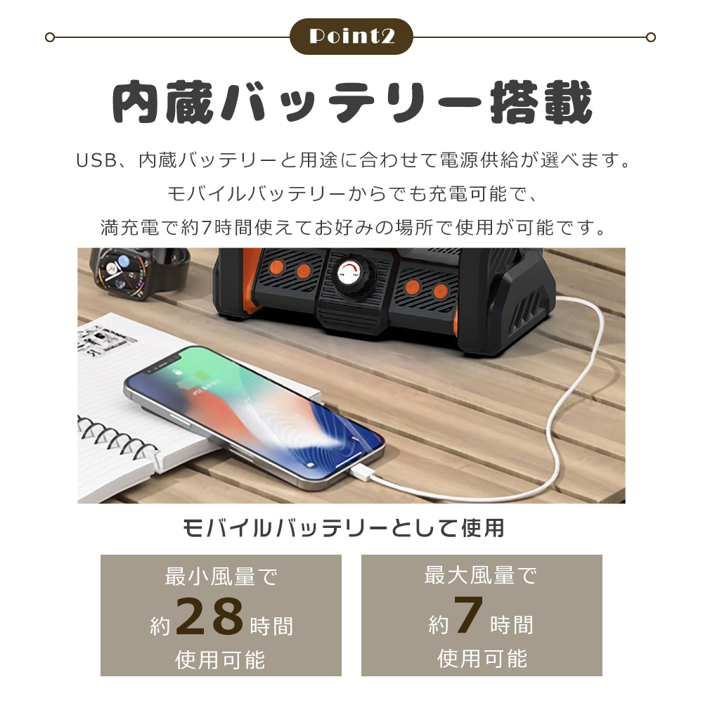 吊り下げ式＆卓上両用／キャンプ扇風機 卓上扇風機 充電式